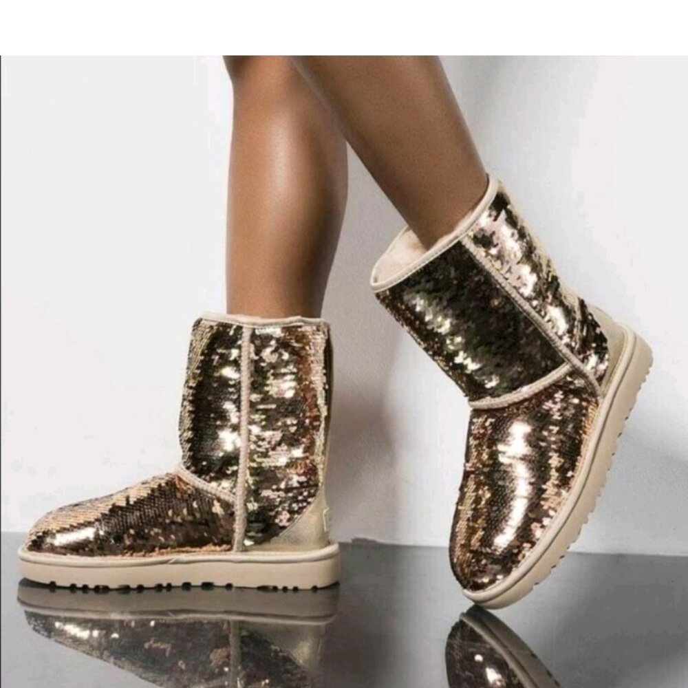 UGG Classic Short Gold Sequin Boots size 6
